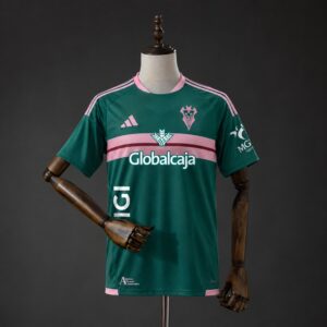 Camiseta Albacete 2026-2027 visitante verde oscuro con franja rosa en el pecho