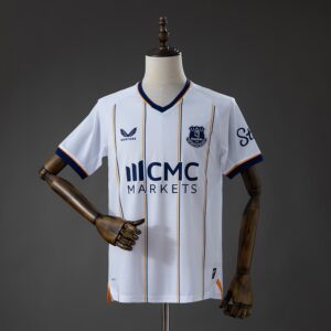 Camiseta Everton 2026-2027 visitante blanca con rayas azul marino y ámbar y cuello de pico